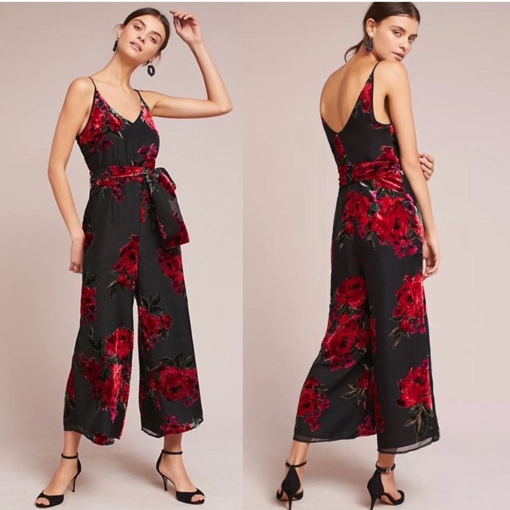 Ett:twa x Anthropologie Red Motif Floral Velvet Burnout Jumpsuit
